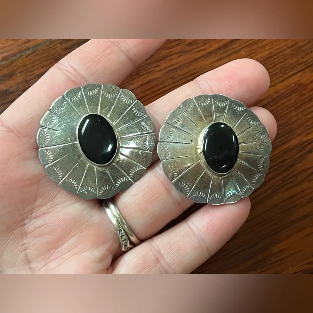 Vintage Taxco Black Onyx Hand Stamped Sterling Silver Earrings